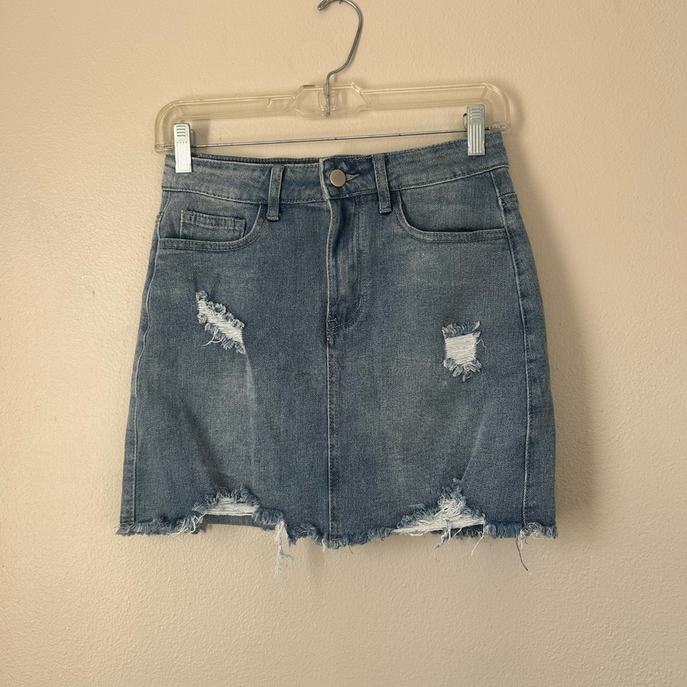 Distressed Denim Mini Skirt - Washed Blue